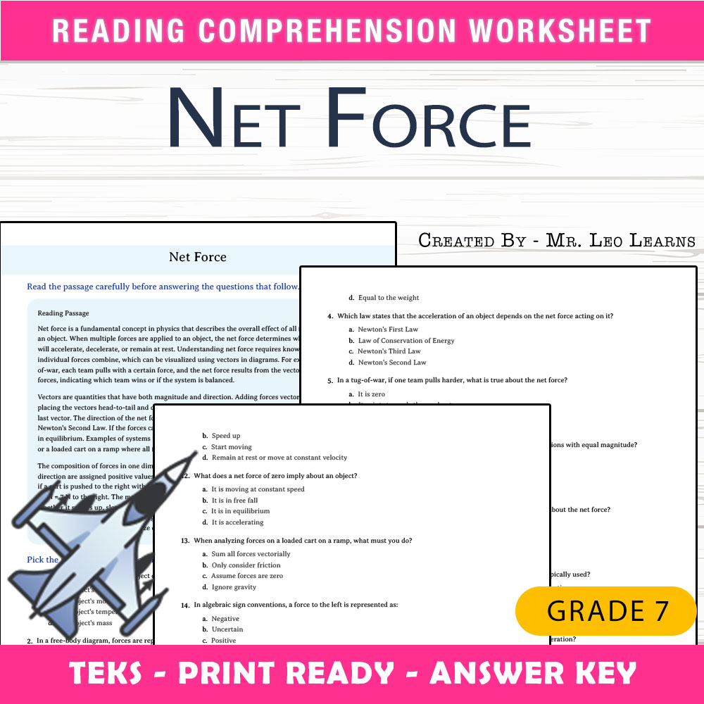 Grade 7 Science worksheet worksheet — Grade 7 Science — Net Force Worksheet for Mastery — page 1