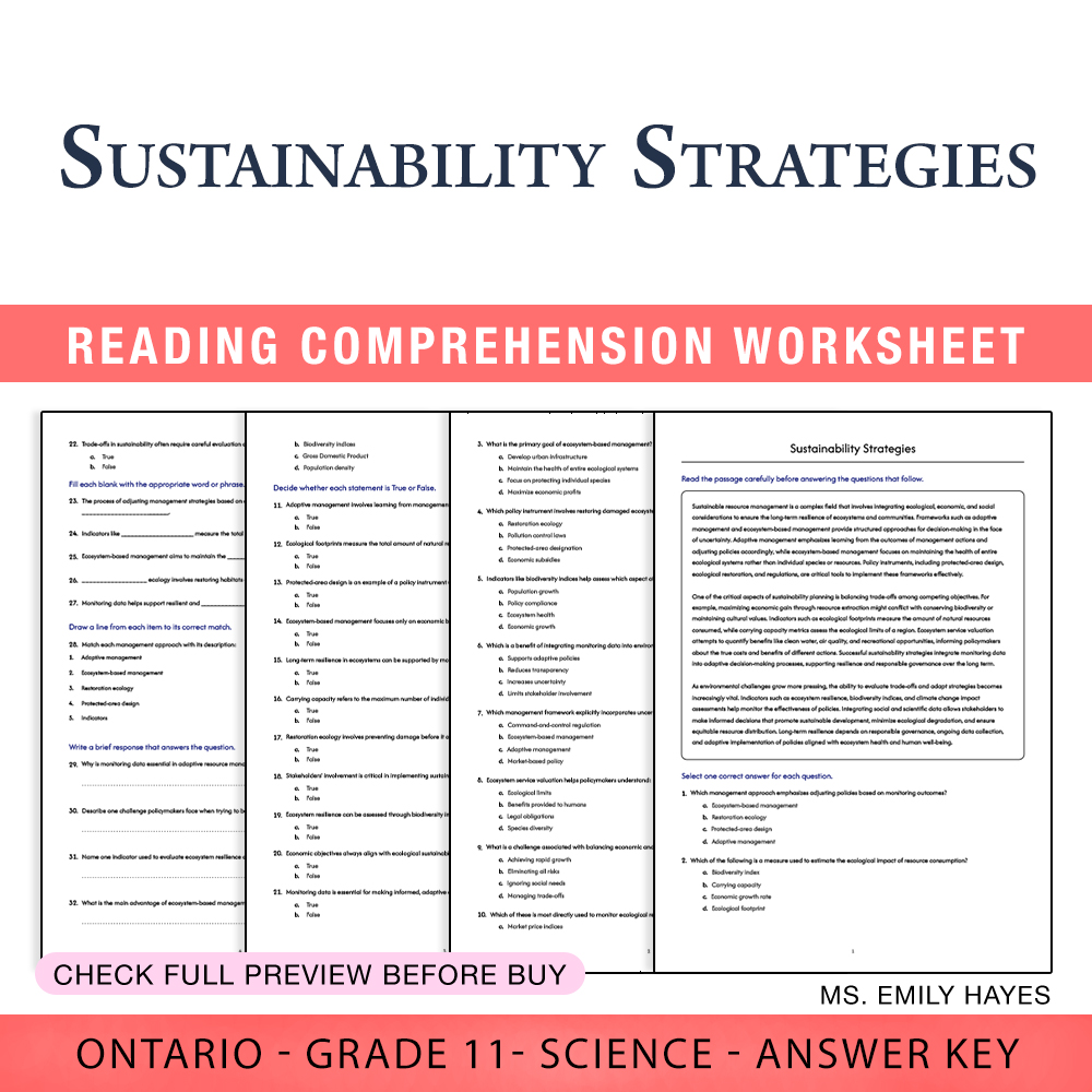 Grade 11 Science worksheet worksheet — Grade 11 Science | Sustainability Strategies Worksheet (PDF + Answer Key) — page 1