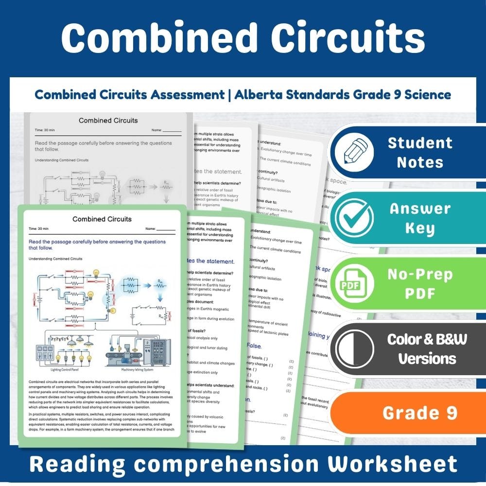 Grade 9 Science assessment worksheet — Combined Circuits Assessment | Alberta Standards Grade 9 Science — page 1
