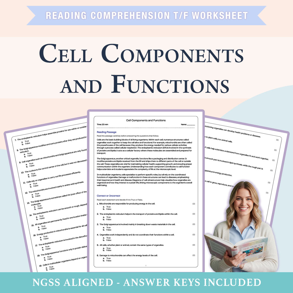 Science reading comprehensions true or false worksheet worksheet — 7th Grade Science | Cell Components and Functions Works…