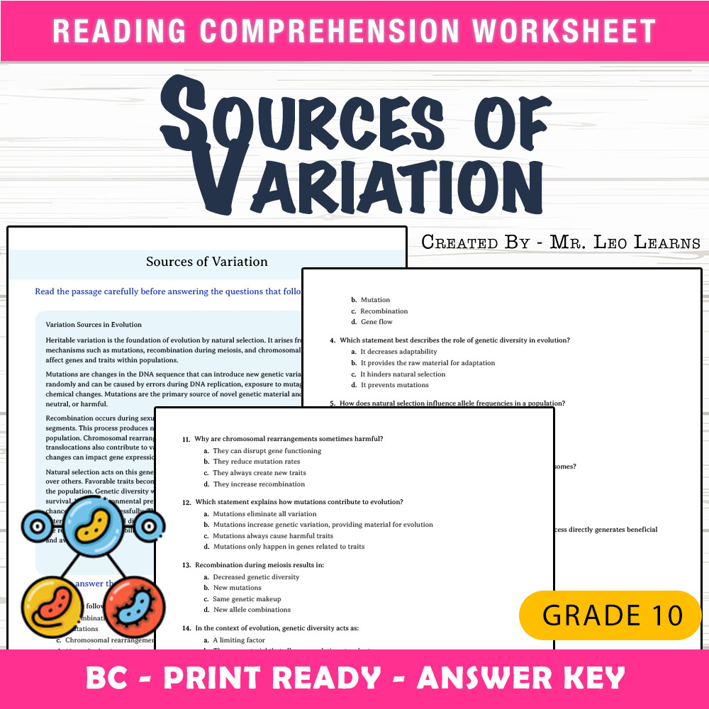 Grade 10 Science worksheet mcq paper worksheet — Grade 10 Science — Worksheet MCQ Paper for Sources of Variation — page 1