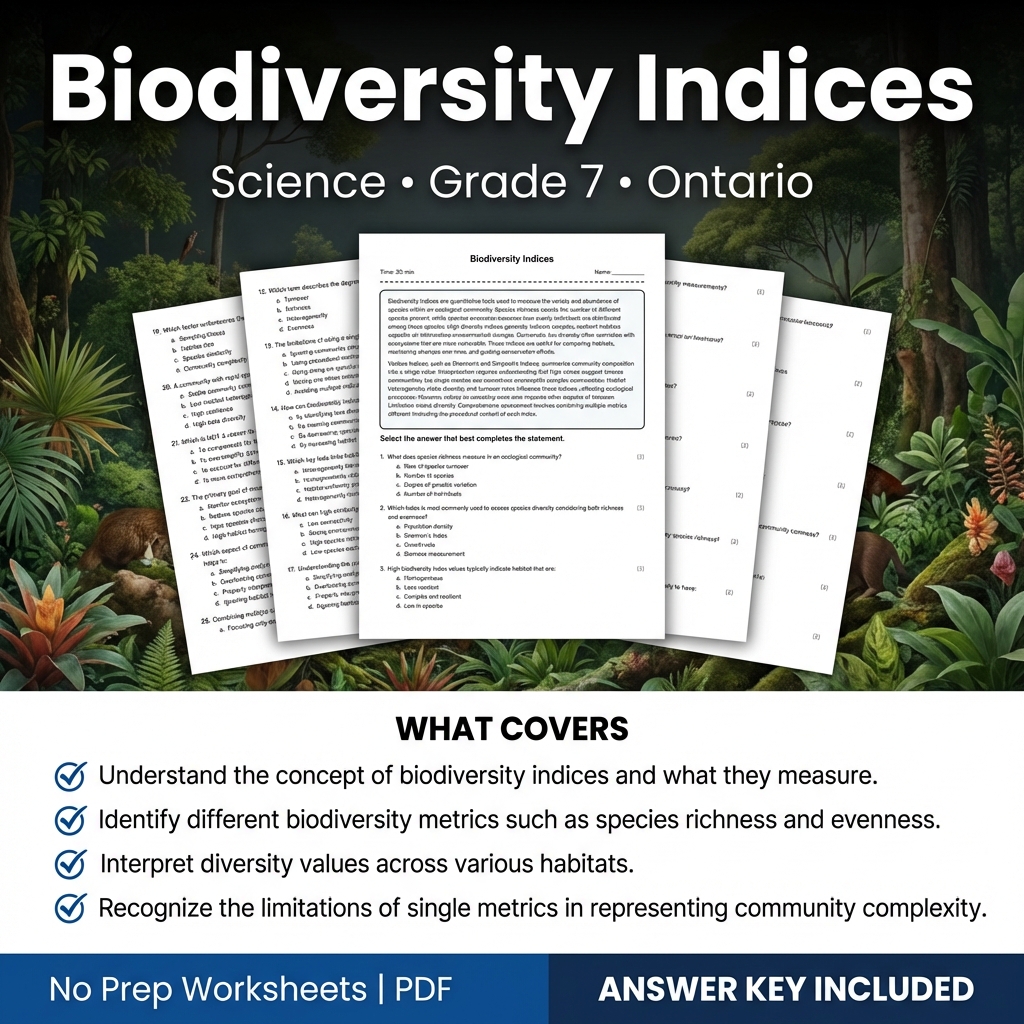 Grade 7 Science Worksheet on Biodiversity Indices | Ontario Standards