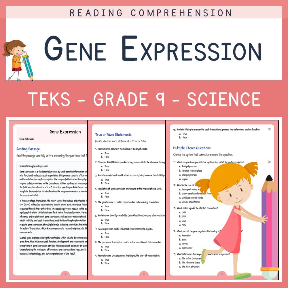 Grade 9 Science worksheet elena worksheet — Grade 9 Science | Gene Expression Worksheet | TEKS-Aligned — page 1