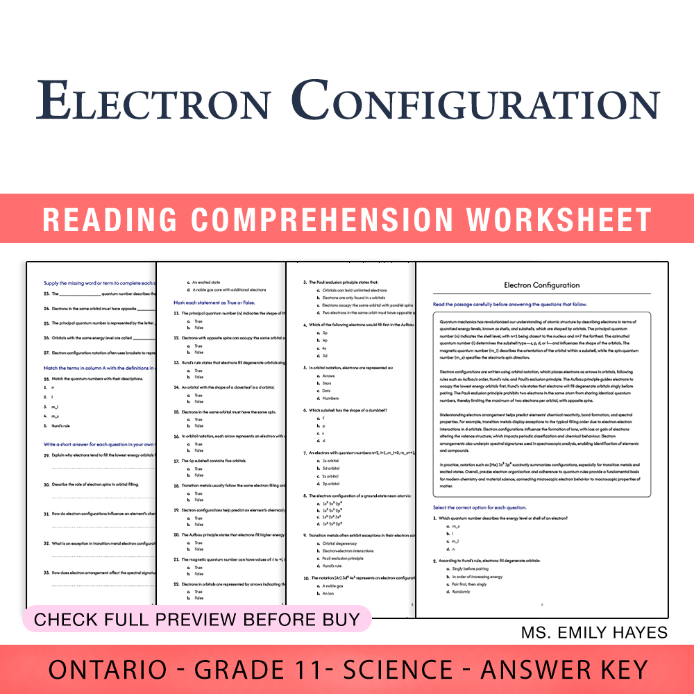 Grade 11 Science worksheet worksheet — 11th Grade Science | Electron Configuration Worksheet (PDF + Answer Key) — page 1