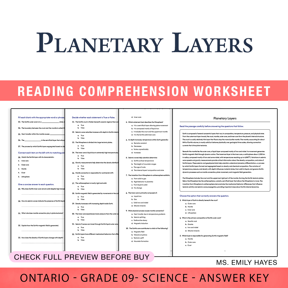 Grade 9 Science worksheet worksheet — Grade 9 Science | Planetary Layers Worksheet (PDF + Answer Key) — page 1