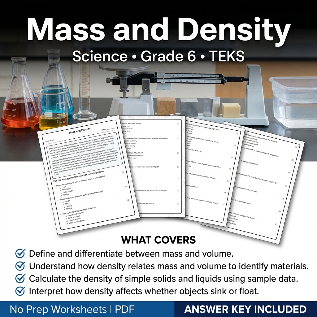 Mass and Density Grade 6 Science Worksheet | TEKS-Aligned Practice