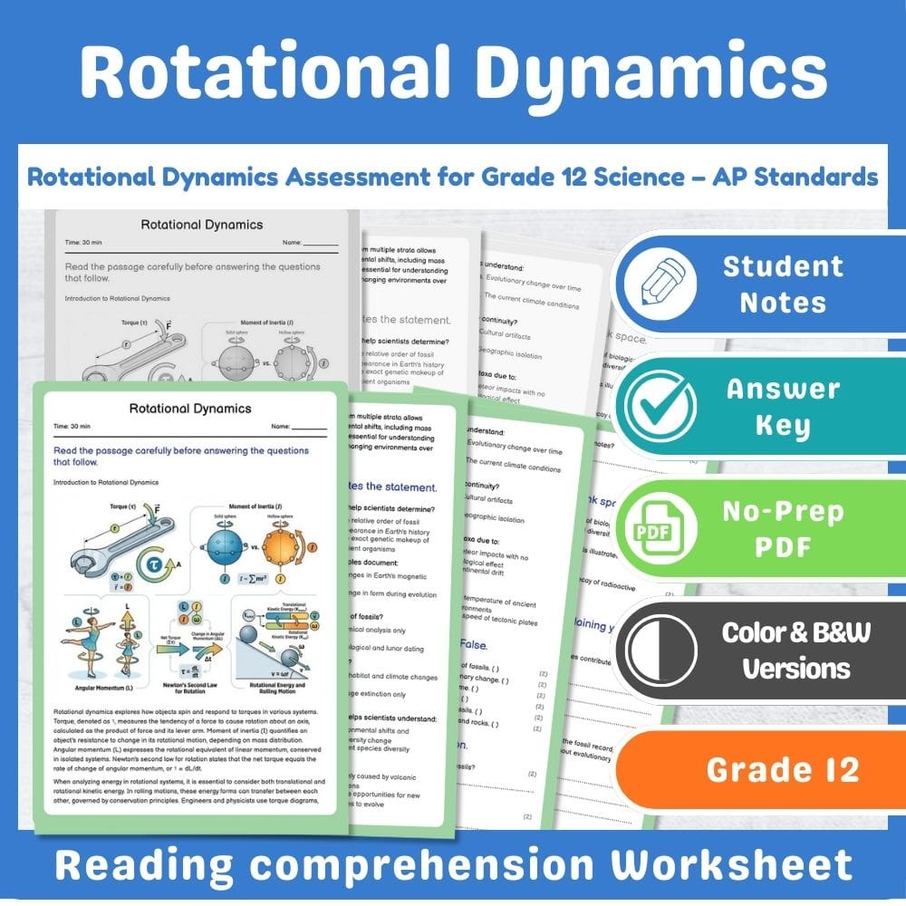Grade 12 Science assessment worksheet — Rotational Dynamics Assessment for Grade 12 Science – AP Standards — page 1