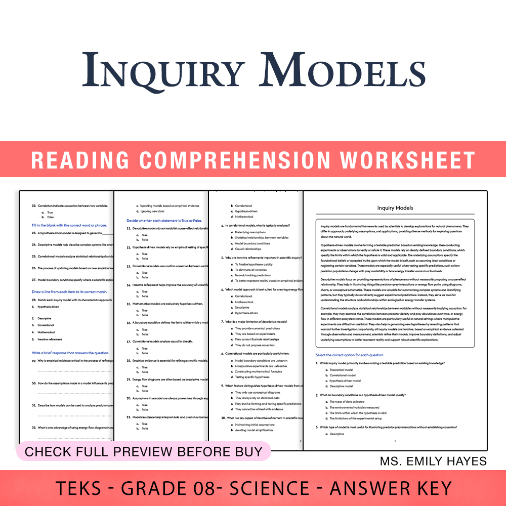 Grade 8 Science worksheet worksheet — 8th Grade Science | Inquiry Models Worksheet (PDF+ Answer Key) — page 1