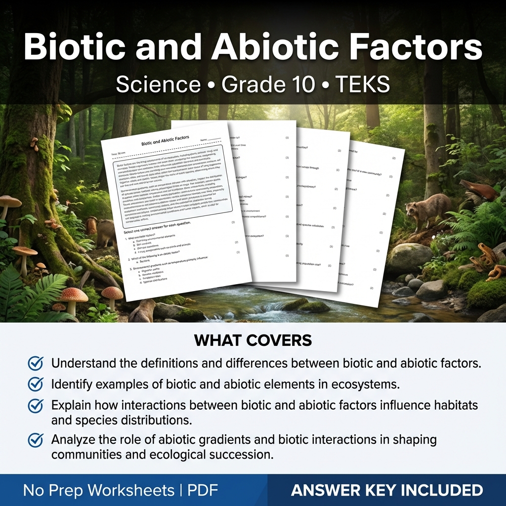 Biotic and Abiotic Factors Worksheet for Grade 10 Science TEKS