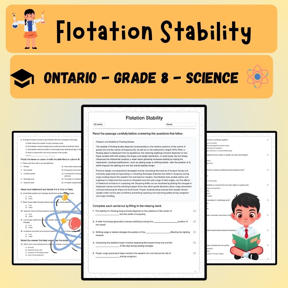 Grade 8 Science worksheet worksheet — Grade 8 Science | Flotation Stability Worksheet (PDF ) - Ontario Standard — page 1