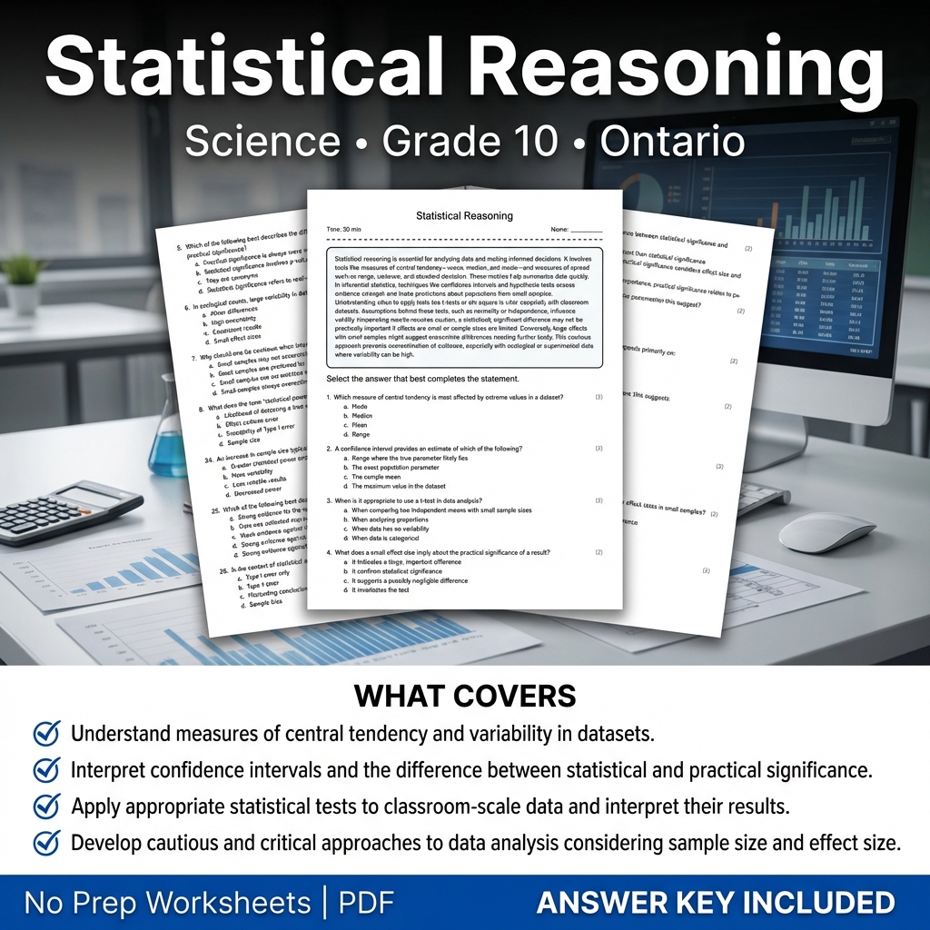 Statistical Reasoning Worksheet for Grade 10 Science | Ontario Standards