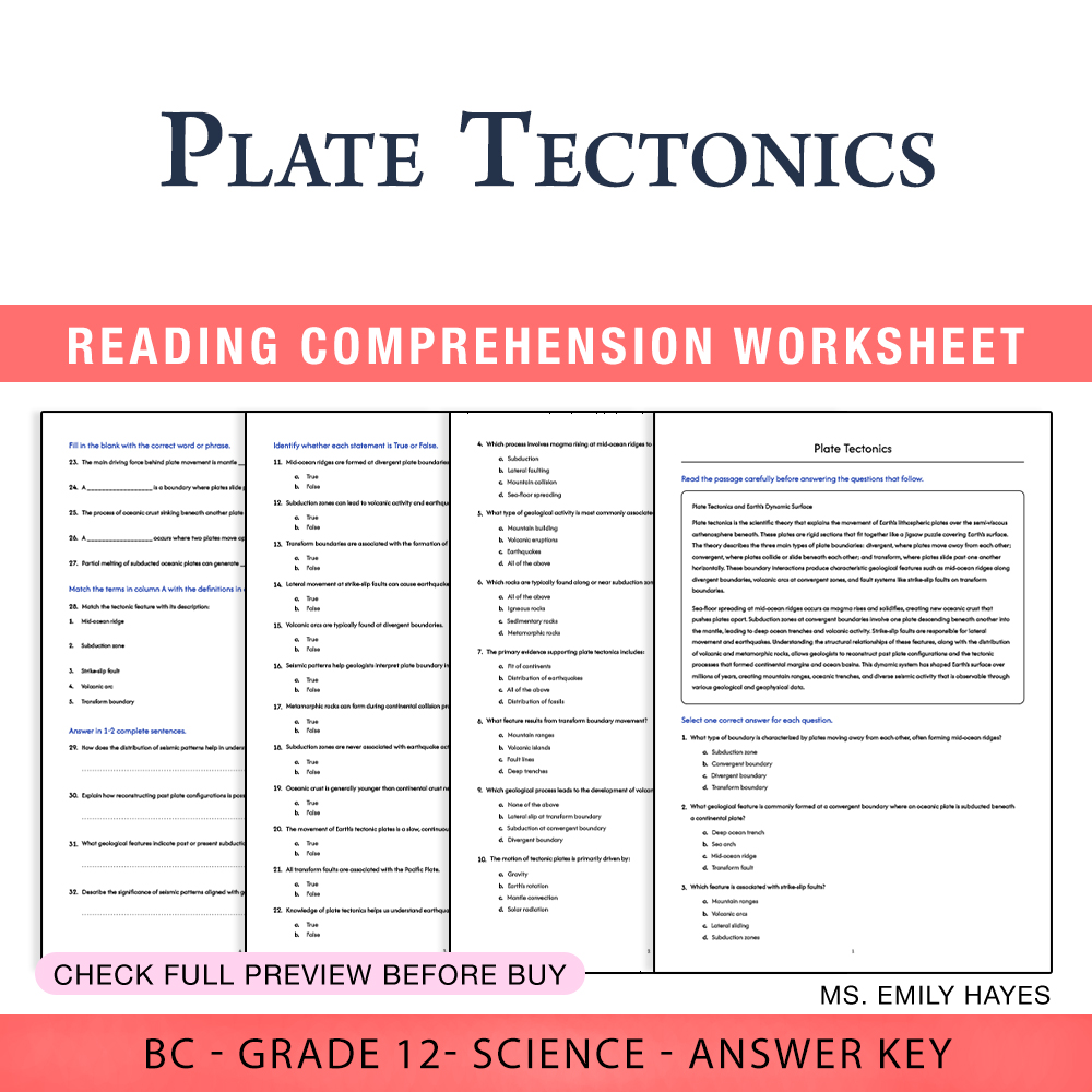 Grade 12 Science worksheet worksheet — 12th Grade Science | Plate Tectonics Worksheet (PDF + Answer Key) — page 1