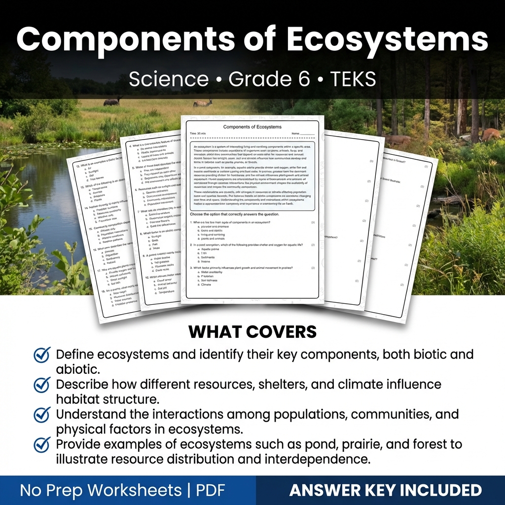 Grade 6 Science Worksheet on Components of Ecosystems | TEKS