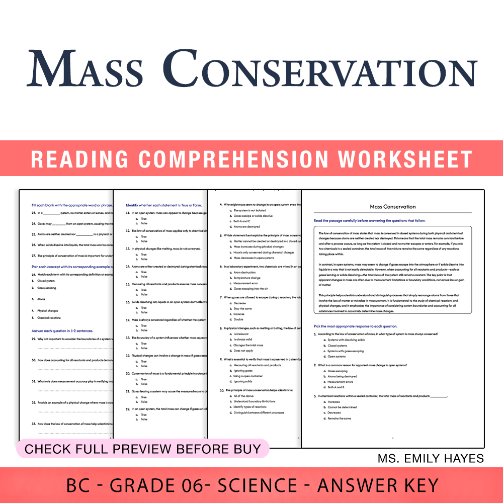 Grade 6 Science worksheet worksheet — 6th Grade Science | Mass Conservation Worksheet (PDF+ Answer Key) — page 1