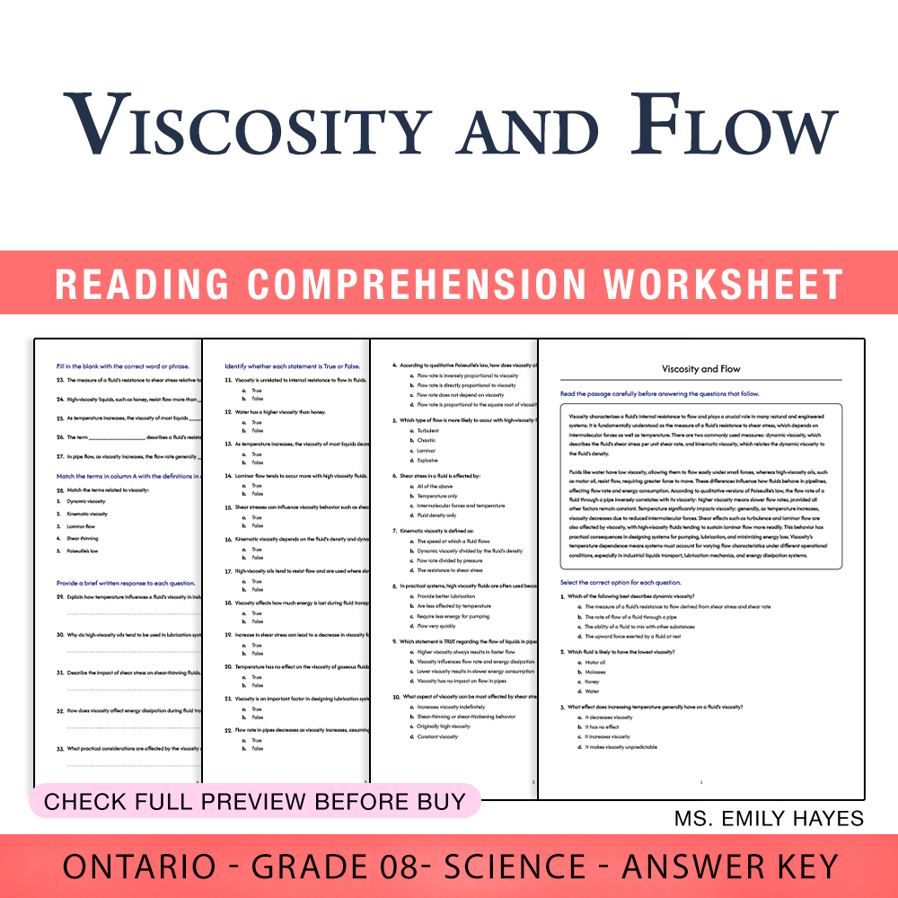 Grade 8 Science worksheet worksheet — 8th Grade Science | Viscosity and Flow Worksheet (PDF+ Answer Key) — page 1