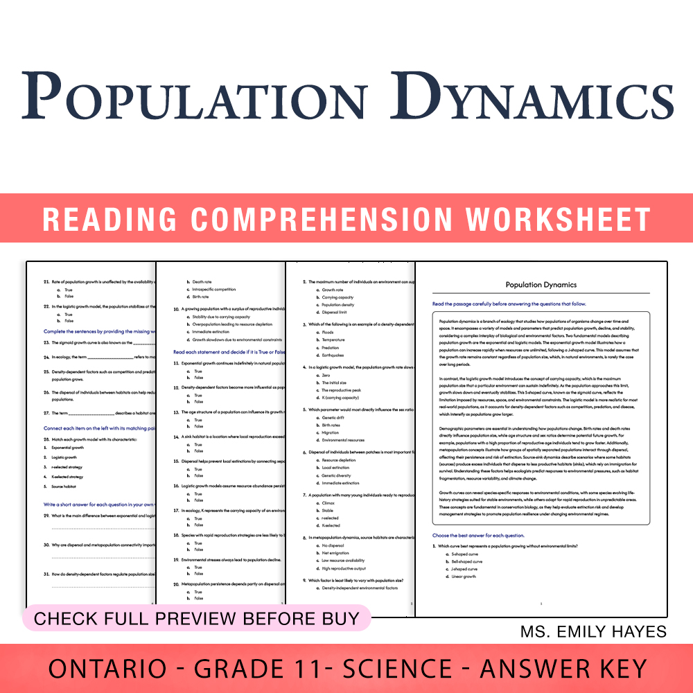 Grade 11 Science worksheet worksheet — 11th Grade Science | Population Dynamics Worksheet (PDF + Answer Key) — page 1