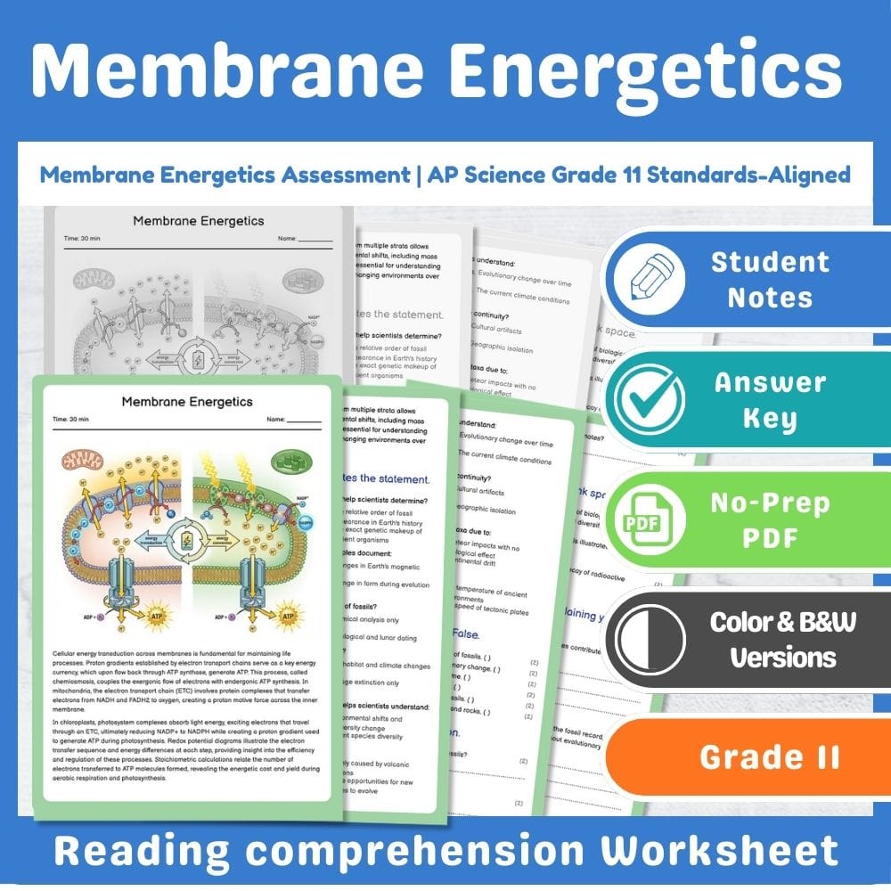Grade 11 Science assessment worksheet — Membrane Energetics Assessment | AP Science Grade 11 Standards-Aligned — page 1