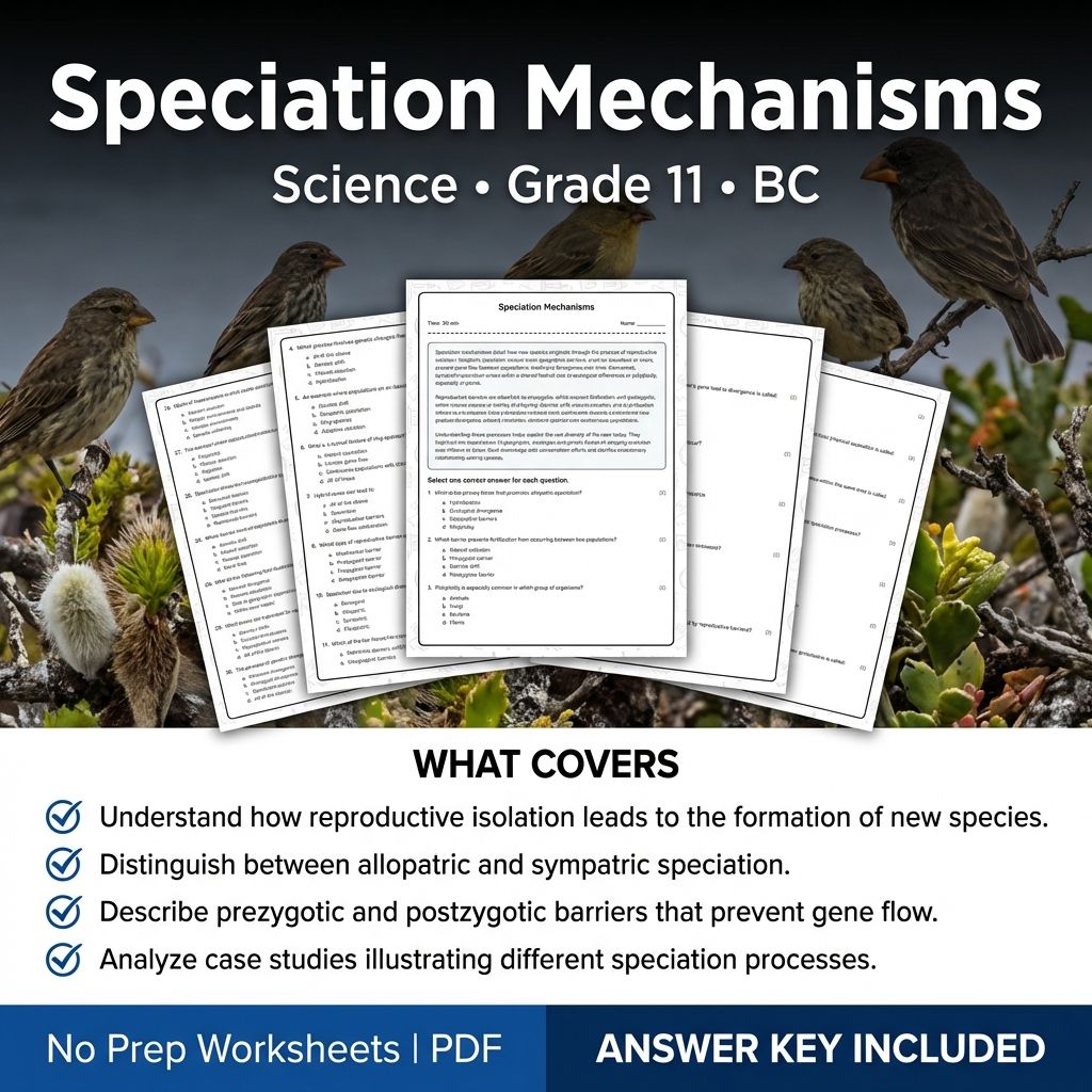 Grade 11 Science | Speciation Mechanisms Worksheet & Answer Key (Printable PDF)