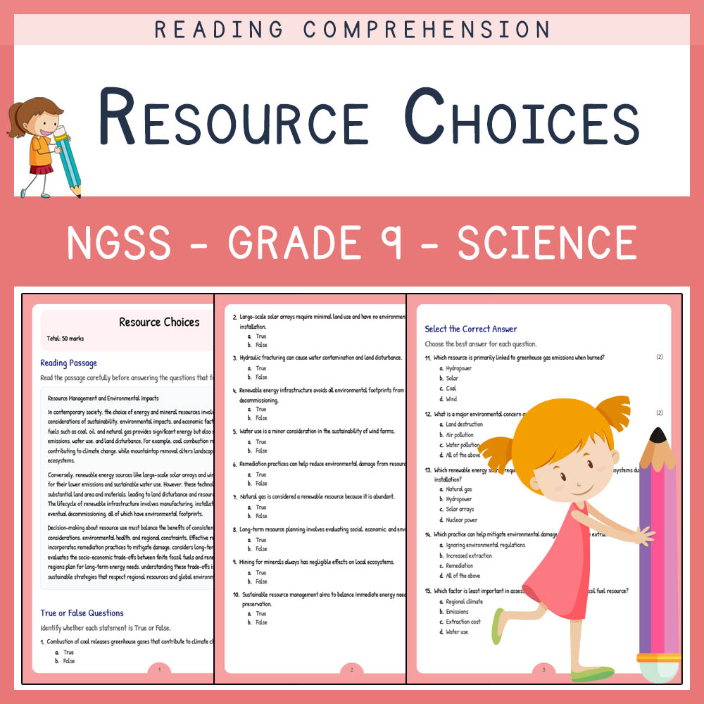 Grade 9 Science worksheet worksheet — Grade 9 Science | Resource Choices Worksheet with Answer Key – NGSS Aligned — page 1