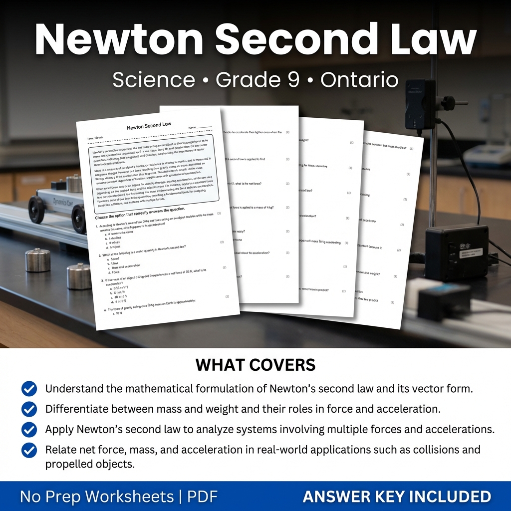 Grade 9 Science worksheet — Newton Second Law Worksheet for Grade 9 Science | Ontario Standards
