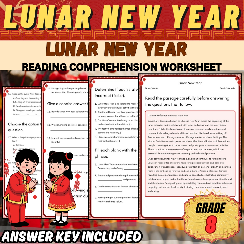 Grade 8 Holiday Unit | Chinese New Year & Lunar New Year Cultural Worksheets — included worksheet 4