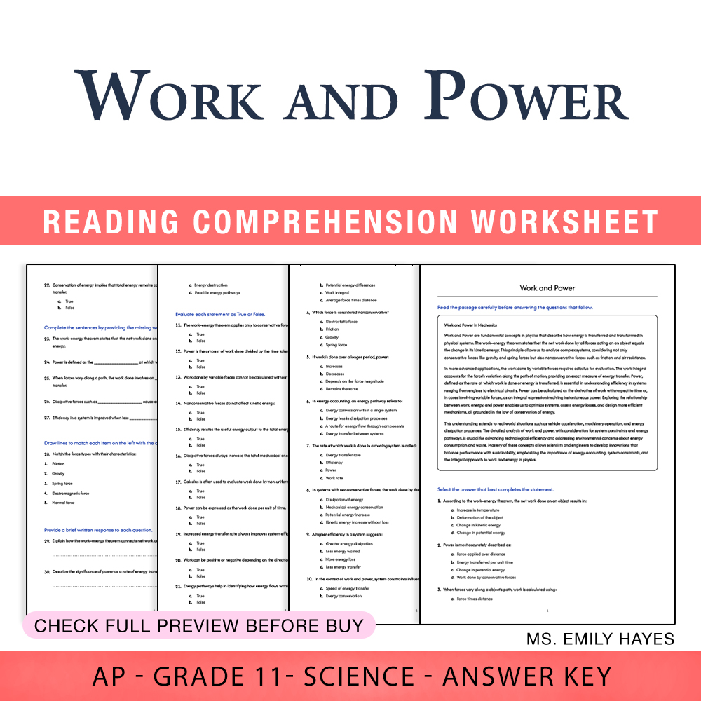 Grade 11 Science worksheet worksheet — 11th Grade Science | Work and Power Worksheet (PDF+ Answer Key) — page 1