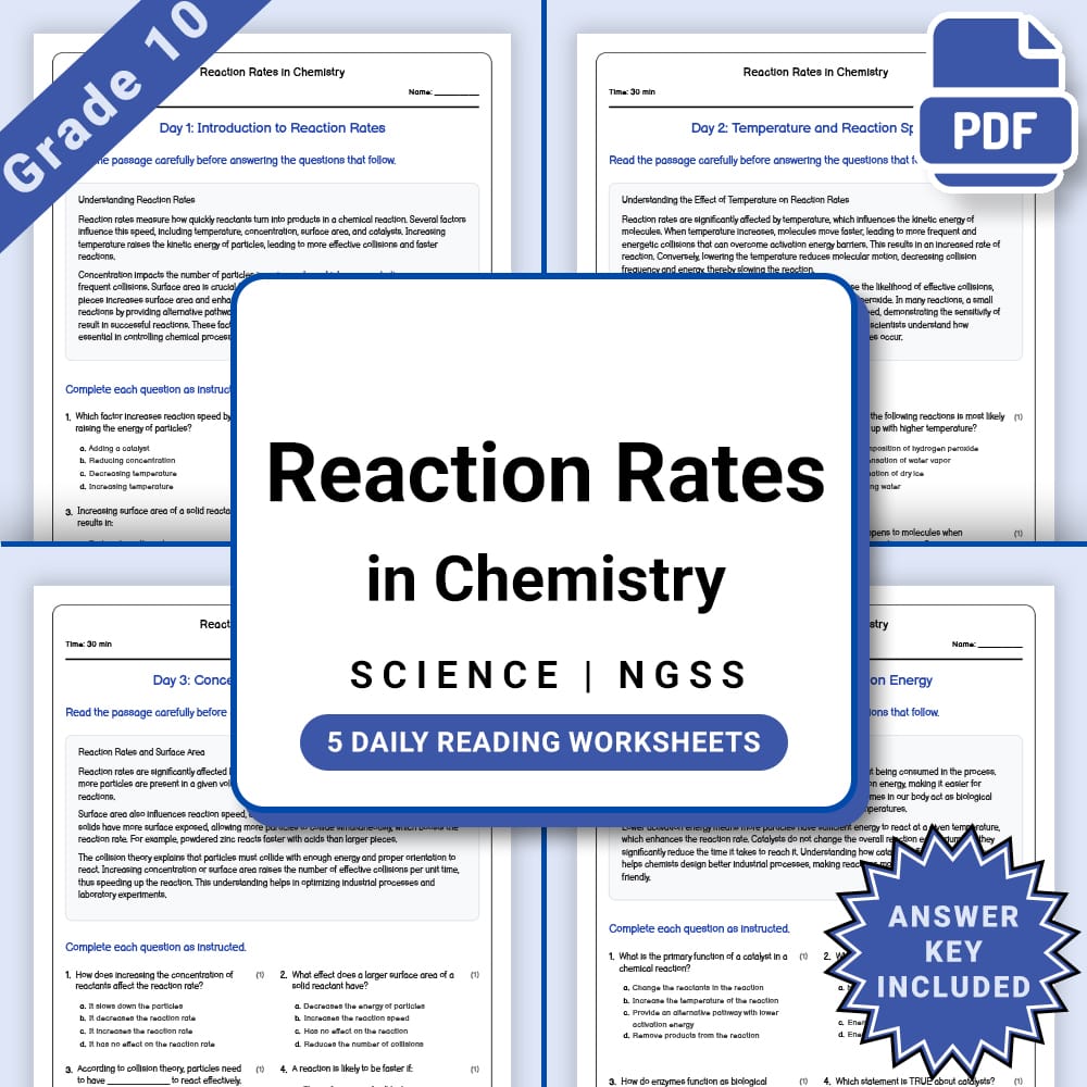 Grade 10 Science daily reading worksheet worksheet — Grade 10 Science – Reaction Rates Worksheet (PDF +Answer Key) — page 1