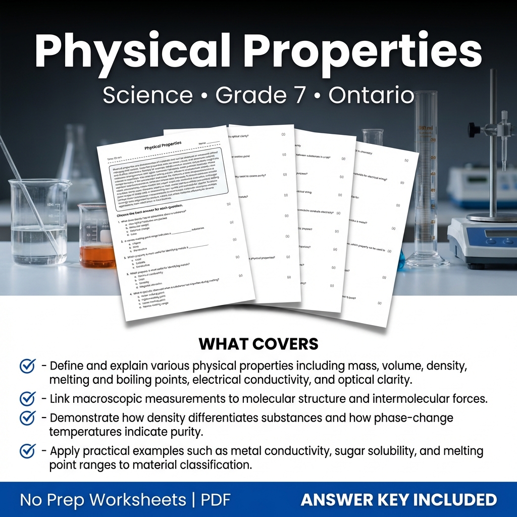 Grade 7 Science Worksheet on Physical Properties with Answer Key – Ontario