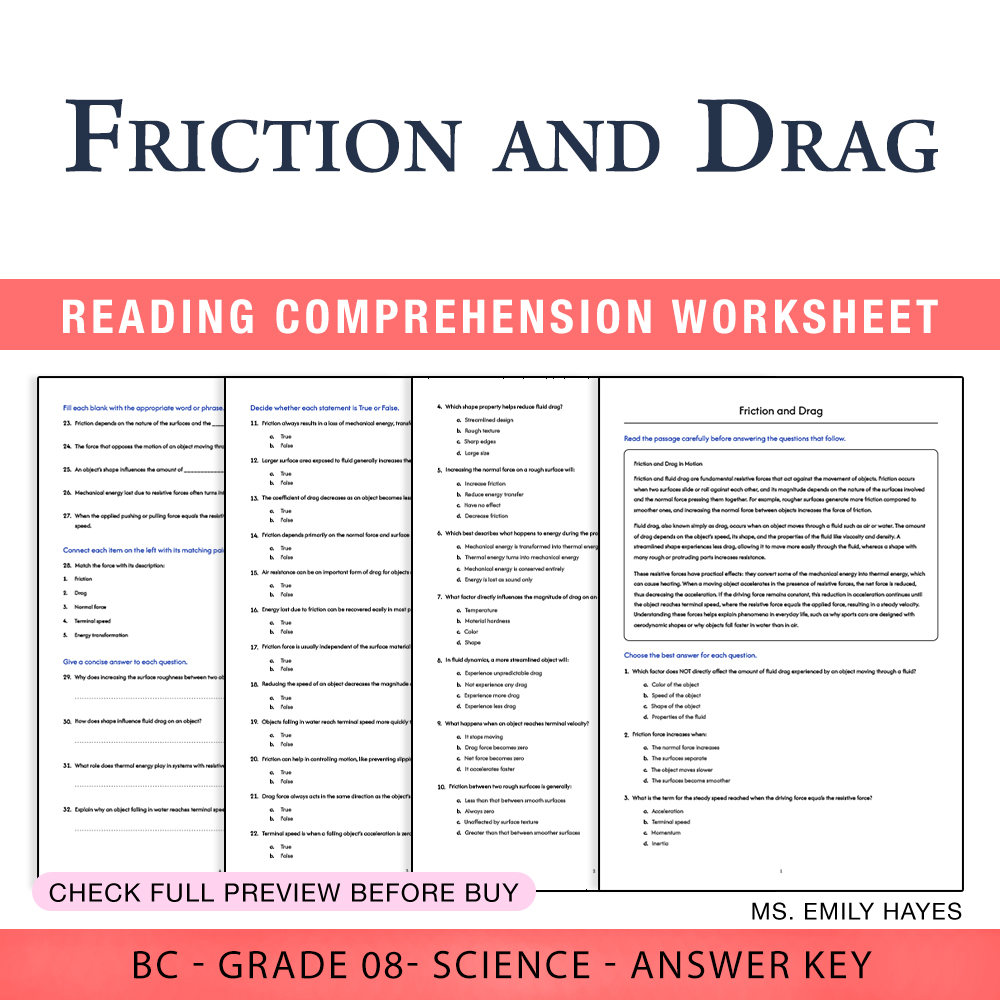 Grade 8 Science worksheet worksheet — Grade 8 Science | Friction and Drag Worksheet (PDF+ Answer Key) — page 1