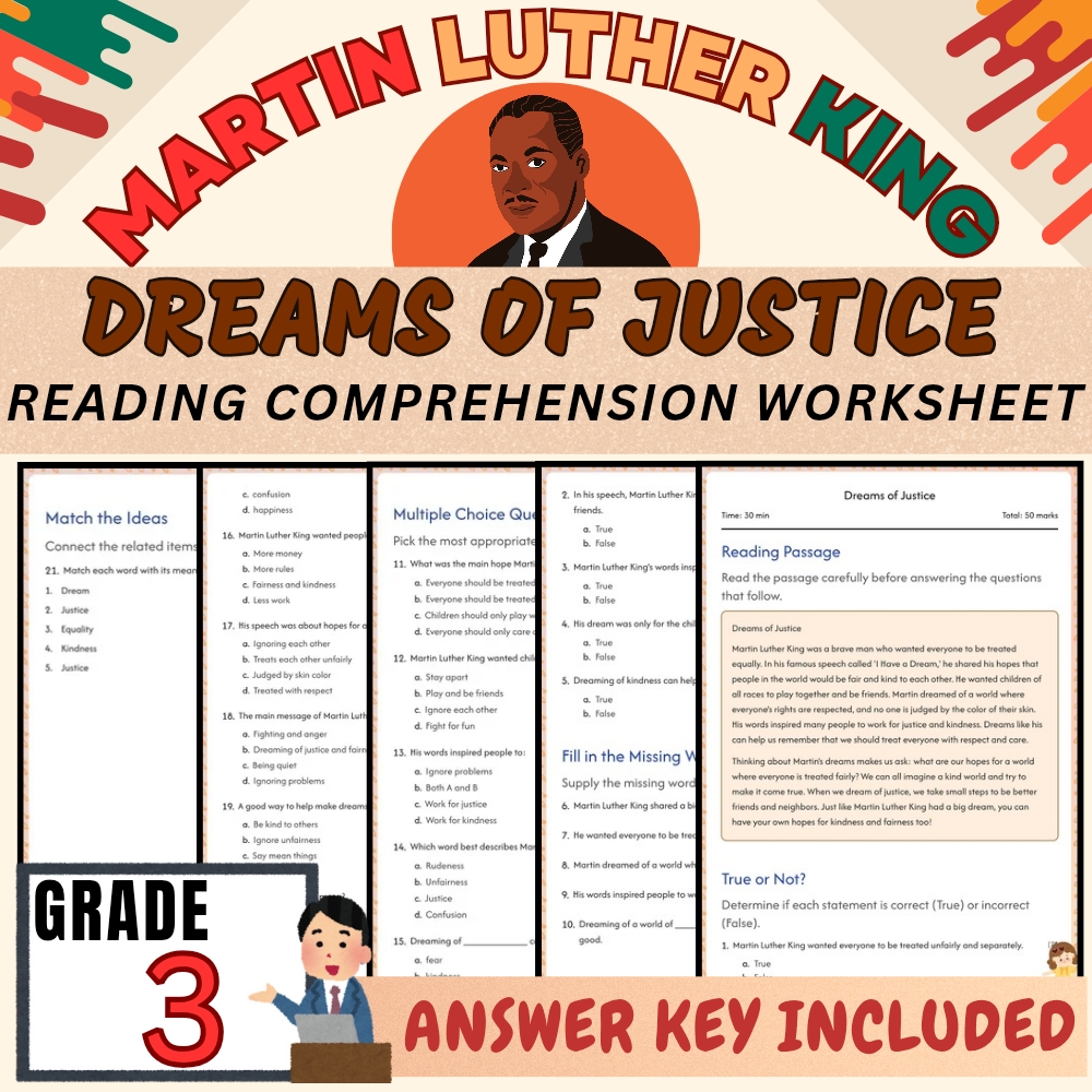 Grade 3 | Martin Luther King Worksheets for Holiday Learning | PDF + Answer Key