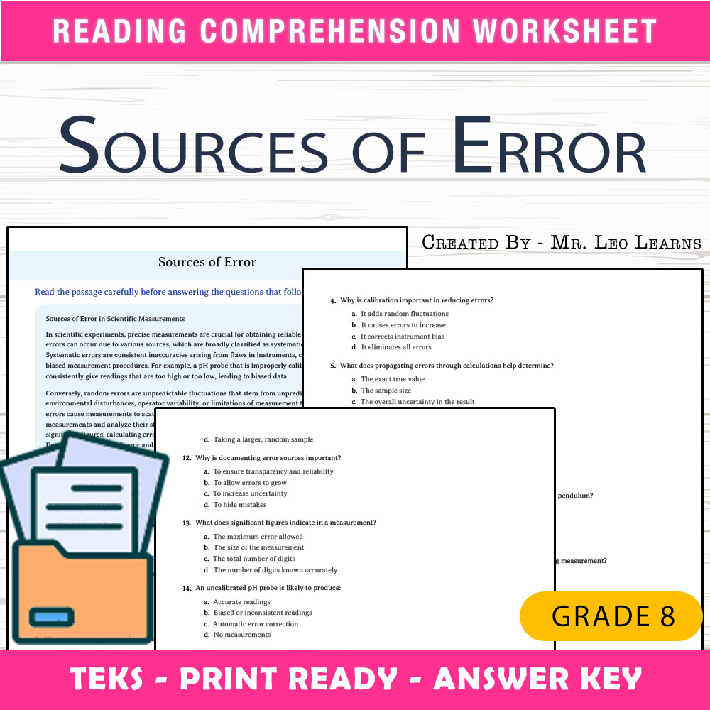 Grade 8 Science worksheet worksheet — Grade 8 Science — Sources of Error Worksheet for Mastery — page 1