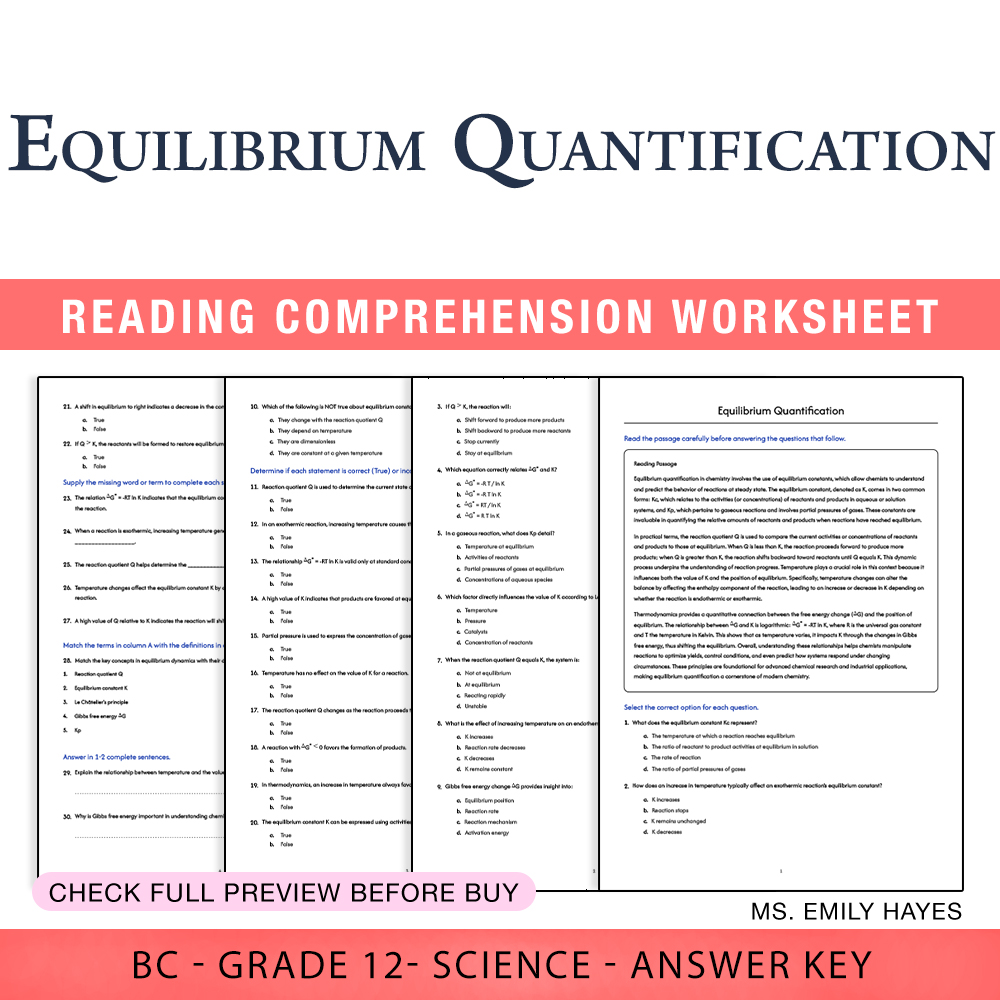 Grade 12 Science worksheet worksheet — Grade 12 Science | Equilibrium Quantification Worksheet (PDF + Answer Key) — page 1