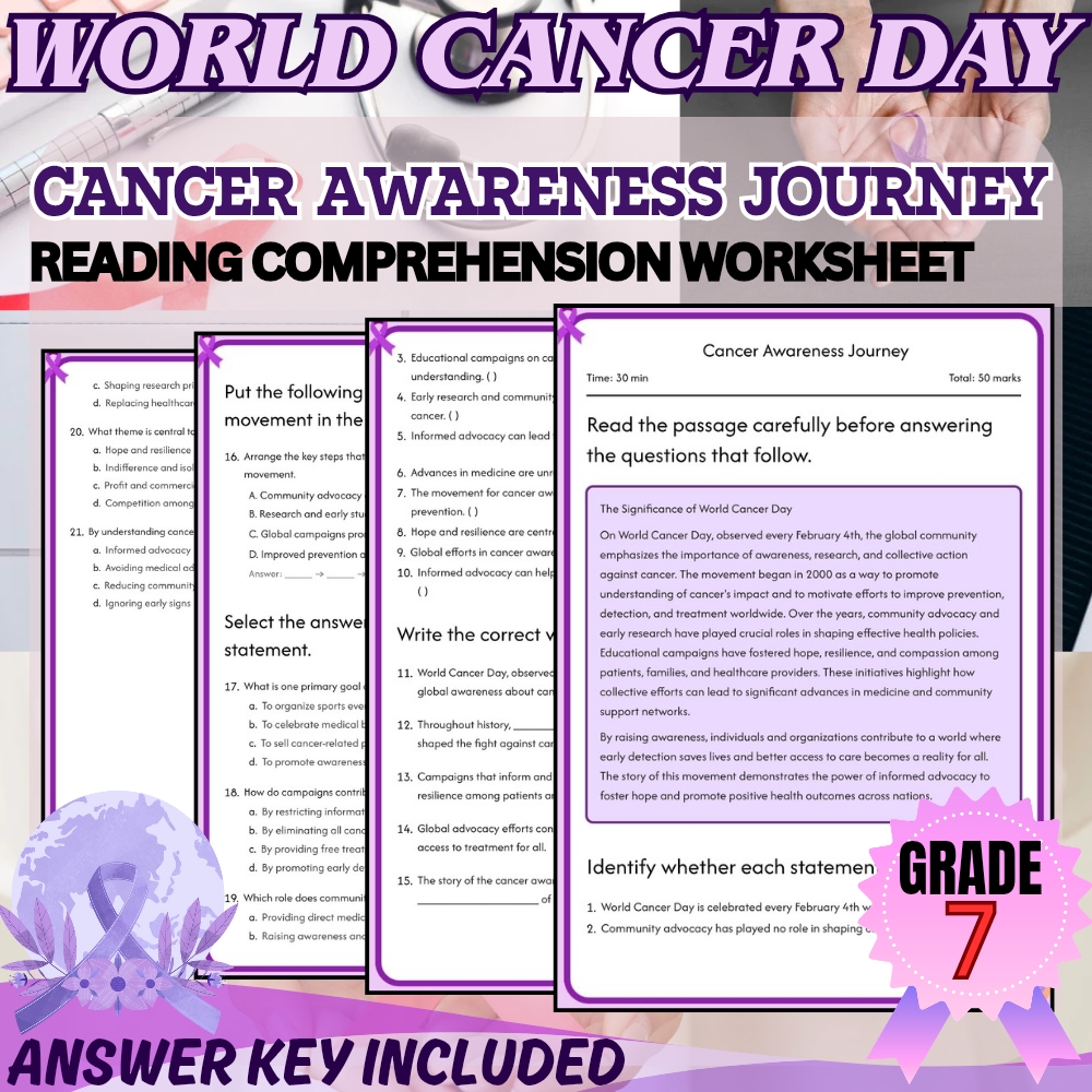Grade 7 Holiday World Cancer Day Worksheet for Cancer Awareness |PDF+Answer Key