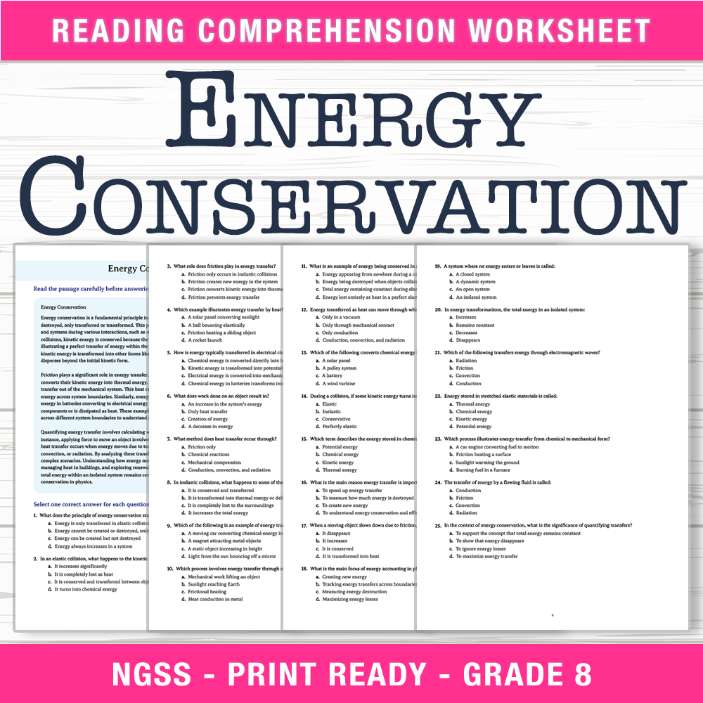 Grade 8 Science worksheet worksheet — Grade 8 Science | Energy Conservation Worksheet (PDF + Answer Key) — page 1
