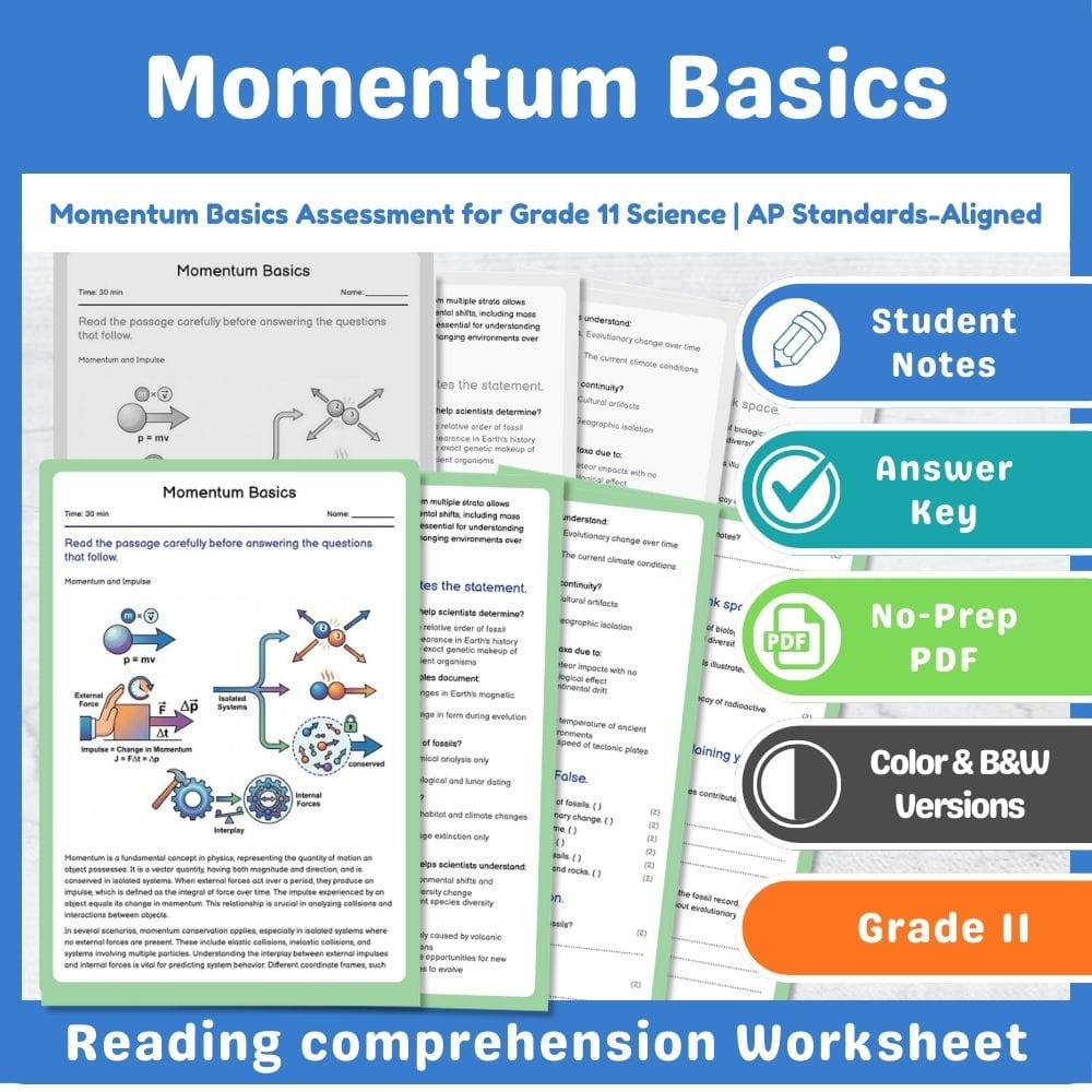 Grade 11 Science assessment worksheet — Momentum Basics Assessment for Grade 11 Science | AP Standards-Aligned — page 1