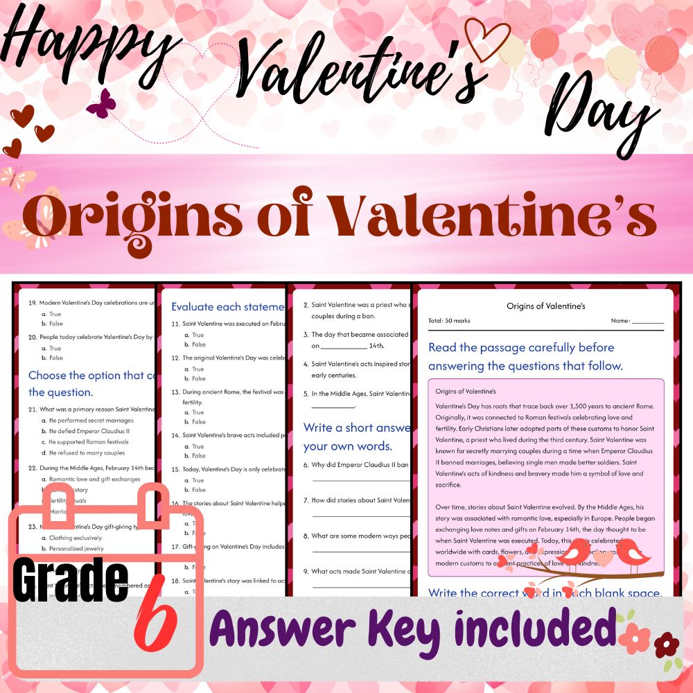 Grade 6 Seasonal Valentine’s Day Worksheets Bundle (PDF + Answer Key) — included worksheet 3
