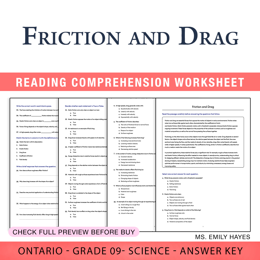Grade 9 Science worksheet worksheet — 9th Grade Science | Friction and Drag Worksheet (PDF + Answer Key) — page 1