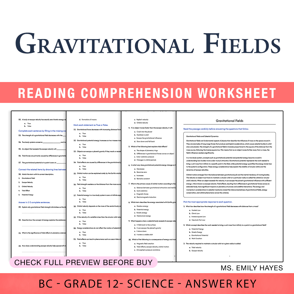 Grade 12 Science worksheet worksheet — Grade 12 Science | Gravitational Fields Worksheet (PDF + Answer Key) — page 1