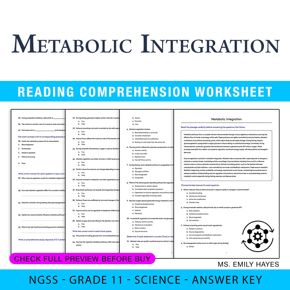 Grade 11 Science worksheet worksheet — 11th Grade Science | Metabolic Integration Worksheet (PDF+ Answer Key) — page 1