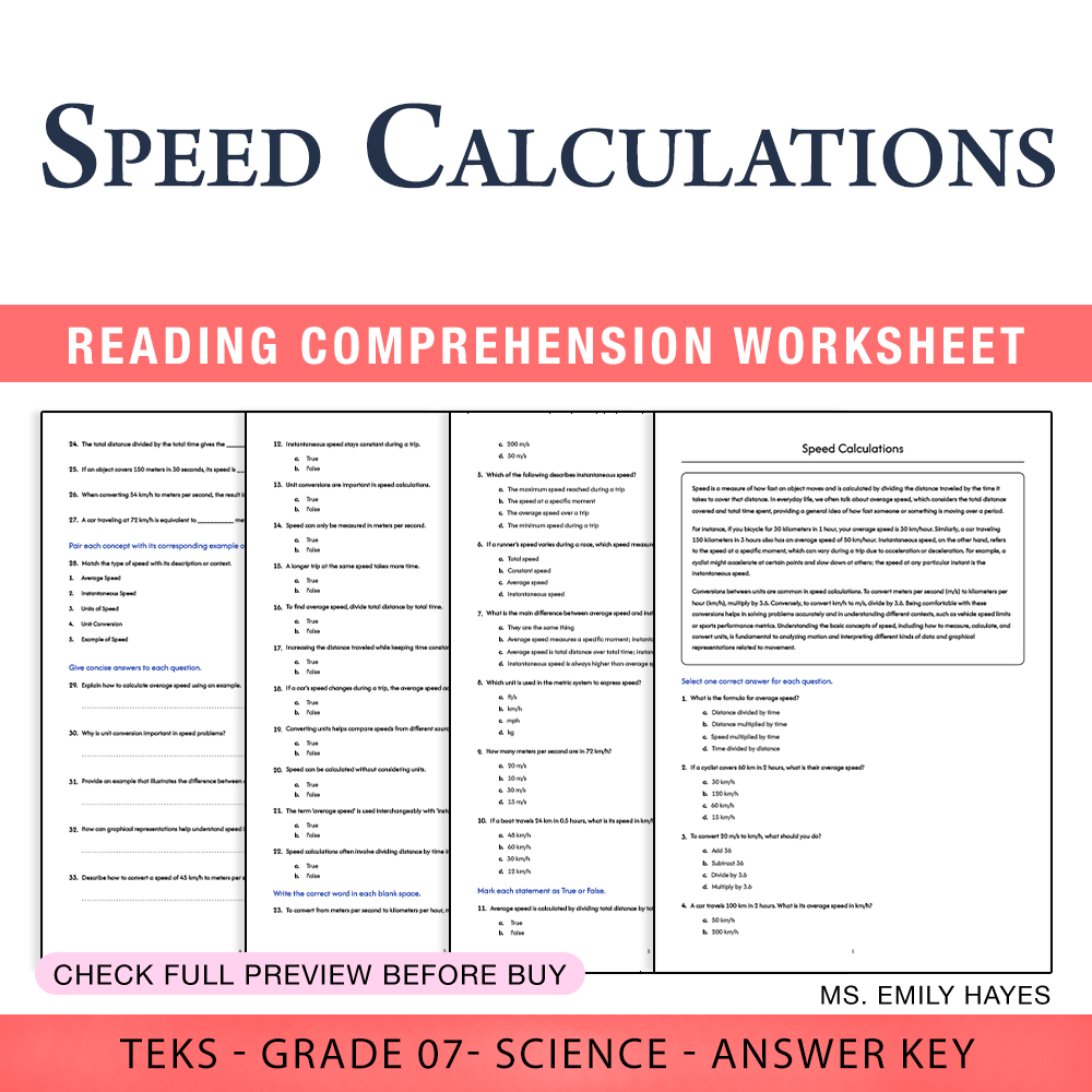 Grade 7 Science worksheet worksheet — 7th Grade Science | Speed Calculations Worksheet (PDF+ Answer Key) — page 1