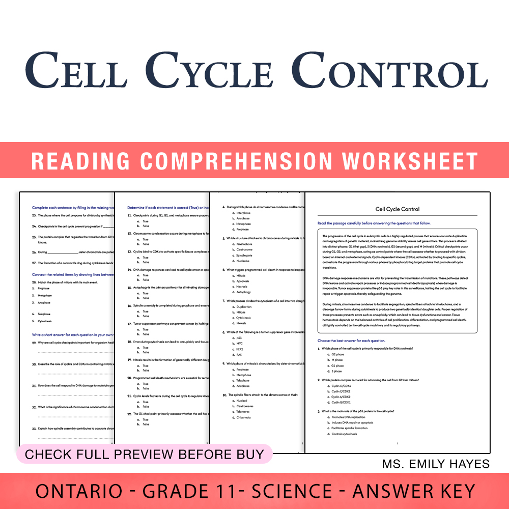 Grade 11 Science worksheet worksheet — 11th Grade Science | Cell Cycle Control Worksheet (PDF + Answer Key) — page 1
