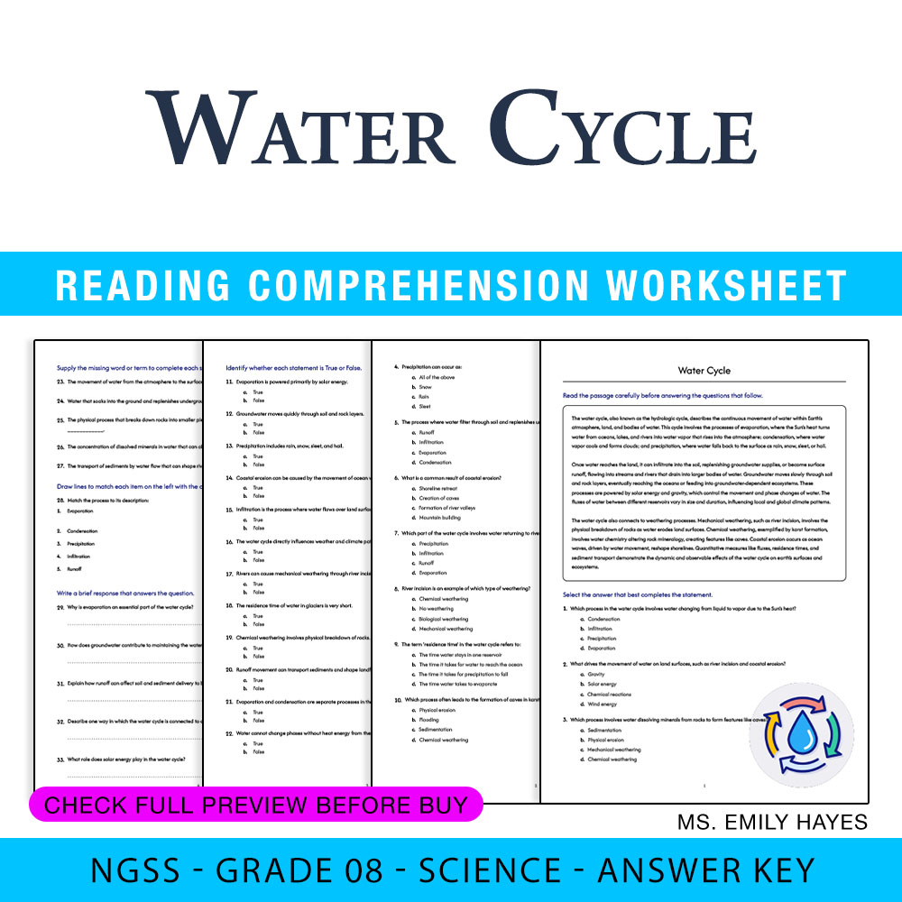 Grade 8 Science worksheet worksheet — Grade 8 Science | Water Cycle Worksheet (PDF + Answer Key) — page 1