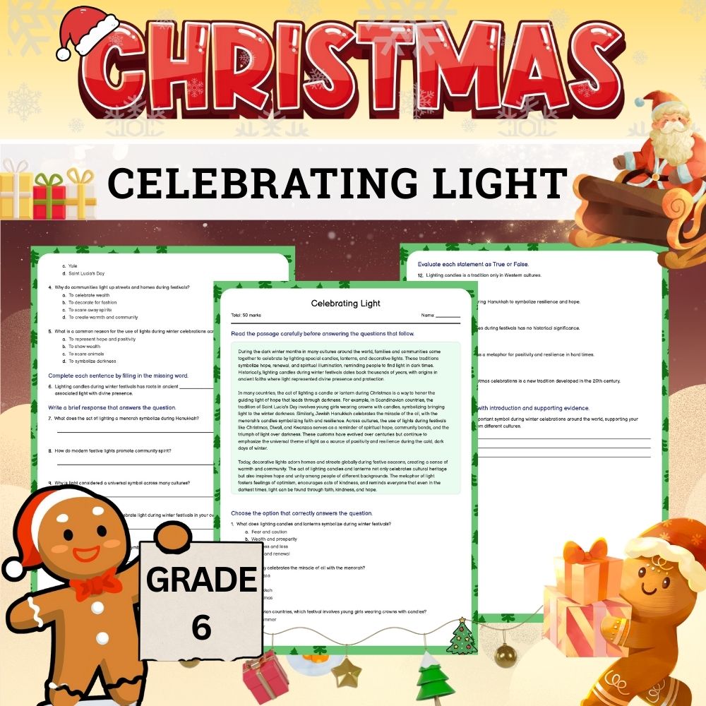 Grade 6 Seasonal Light Celebration Worksheet  | Holiday Standards