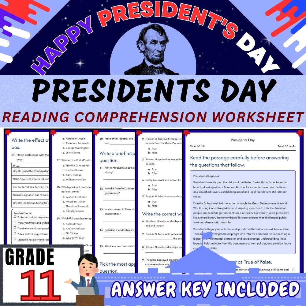 Grade 11| Presidents Day & Leadership Unit Worksheet Pack (Answer Key Included) — included worksheet 3