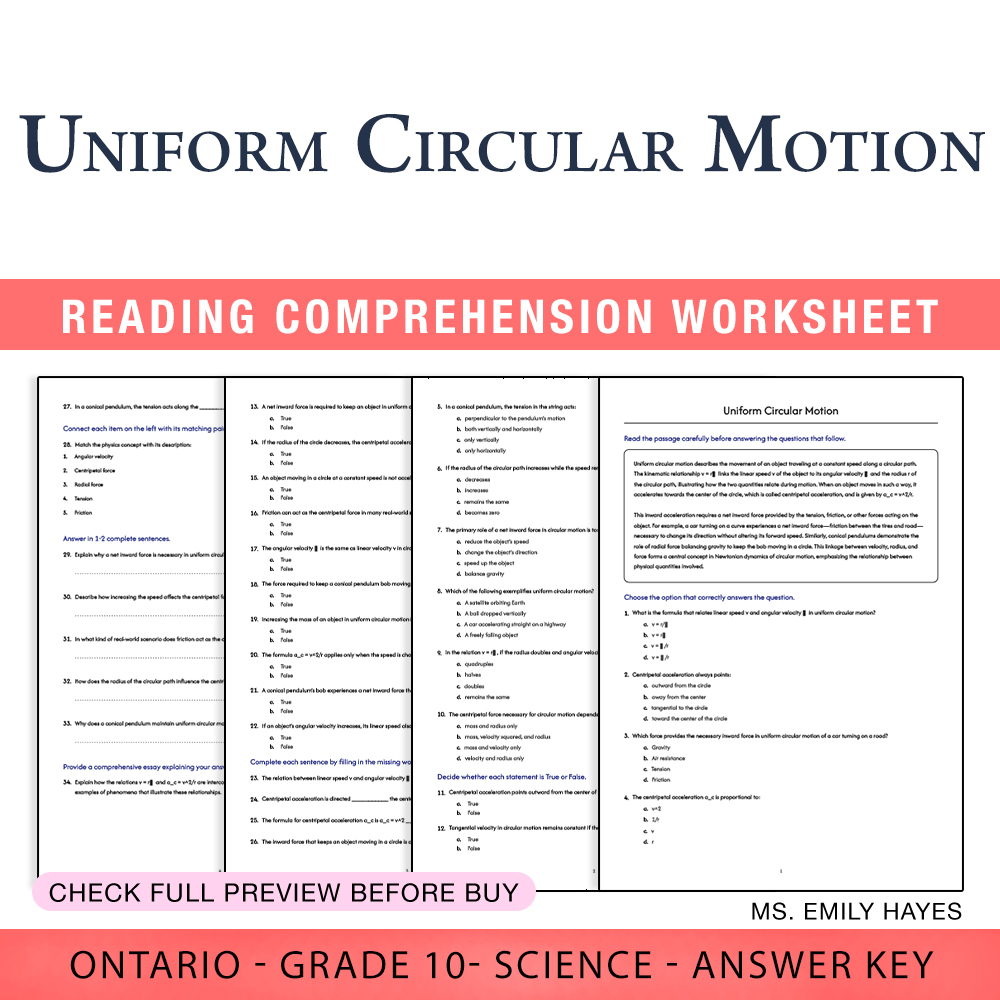 Grade 10 Science worksheet worksheet — 10th Grade Science | Uniform Circular Motion Worksheet (PDF + Answer Key) — page 1