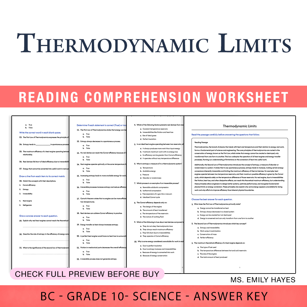 Grade 10 Science worksheet worksheet — 10th Grade Science | Thermodynamic Limits Worksheet (PDF + Answer Key) — page 1