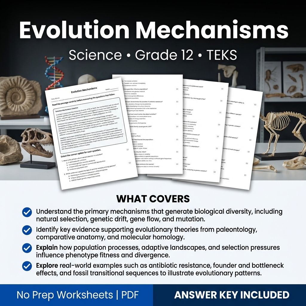 Evolution Mechanisms Worksheet for Grade 12 Science | TEKS-Aligned