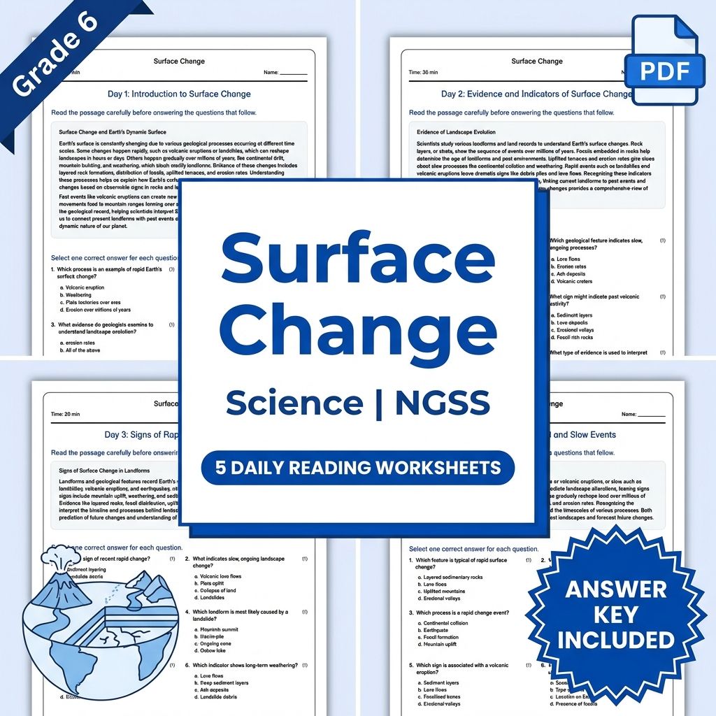 6th Grade Science | Surface Change Daily Reading Worksheet (PDF+ Answer Key)