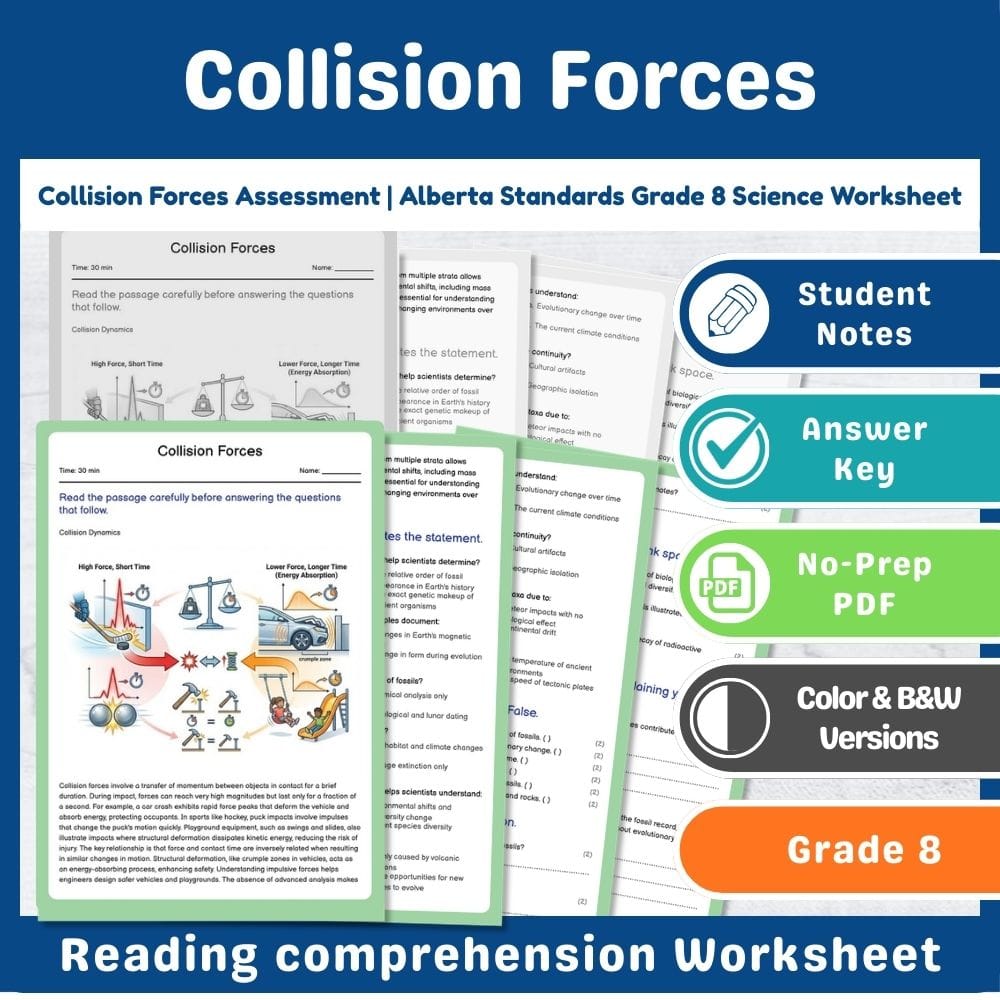 Grade 8 Science assessment worksheet — Collision Forces Assessment | Alberta Standards Grade 8 Science Worksheet — page 1