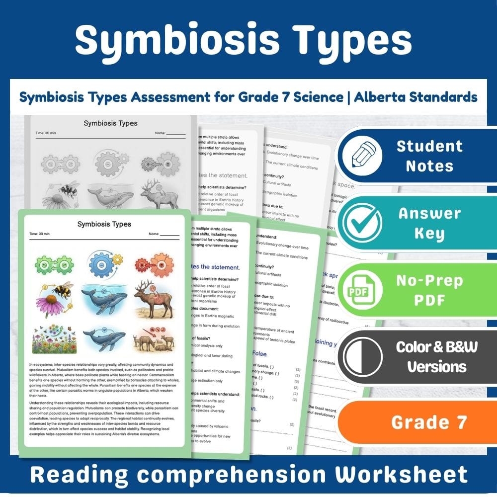 Grade 7 Science assessment worksheet — Symbiosis Types Assessment for Grade 7 Science | Alberta Standards — page 1